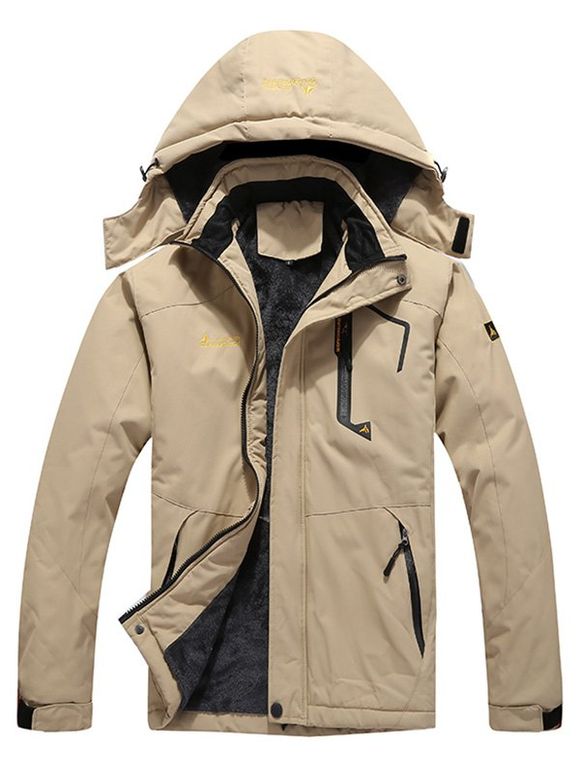 Manteau à Capuche Zippé Lettre Brodée avec Poches - Kaki Léger XL