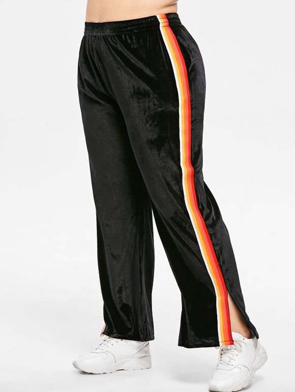 Pantalon Ruban Rayé de Grande Taille en Velours - Noir 1X
