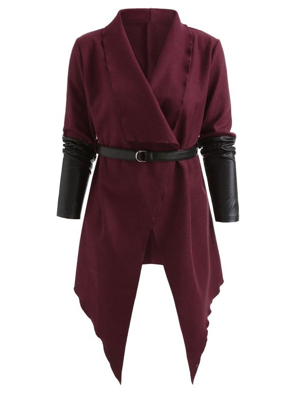 Manteau Long Asymétrique Enveloppé avec Ceinture - Rouge Vineux M