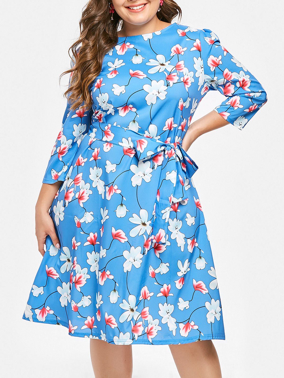 

Plus Size Floral A Line Dress with Belt, Light blue