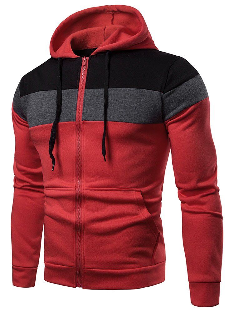

Layered Colorblock Pouch Pocket Zipper Fleece Hoodie, Red