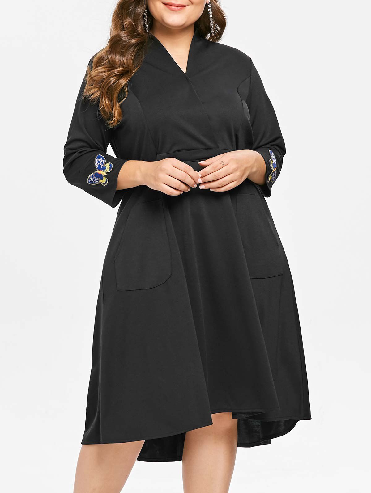 

Plus Size Asymmtrical Embroidered Long Sleeves Dress, Black