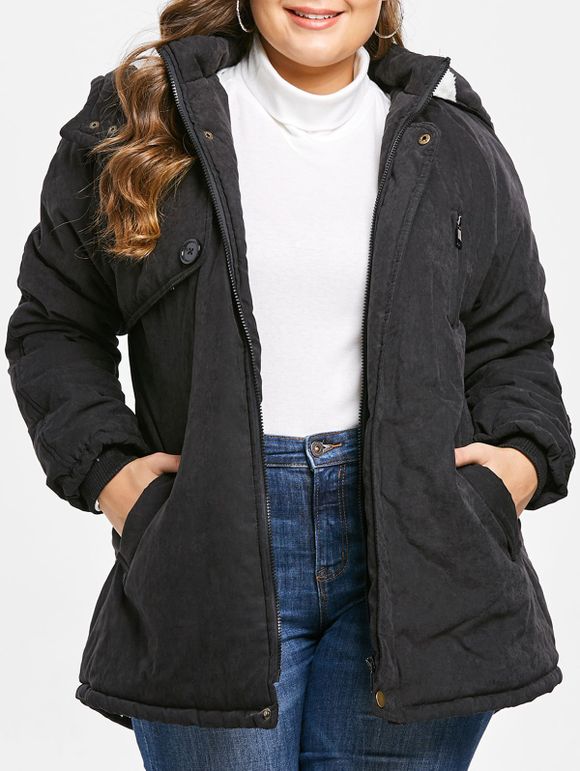 Manteau à Capuche Embelli de Zip de Grande Taille - Noir 4X