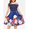 Robe Trapèze Fleurie Epaule Dénudée de Grande Taille - Bleu profond 5X
