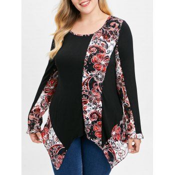 

Plus Size Long Sleeve Floral Print Plain T-shirt, Black