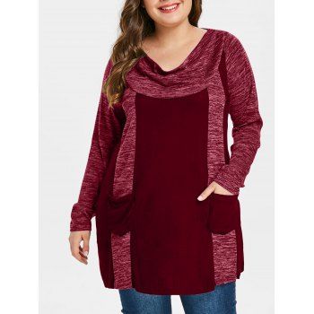 

Plus Size Double Pocket Contrast T-shirt, Red wine