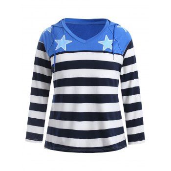 

Plus Size Striped Panel Star Print Hoodie, Blueberry blue