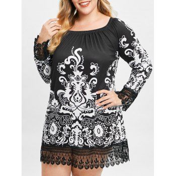 

Plus Size Tribal Print Lace Trim Dress, Black