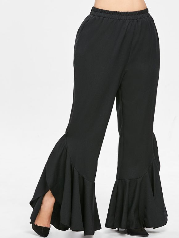 Pantalon Détaillé de Grande Taille à Volants - Noir 1X