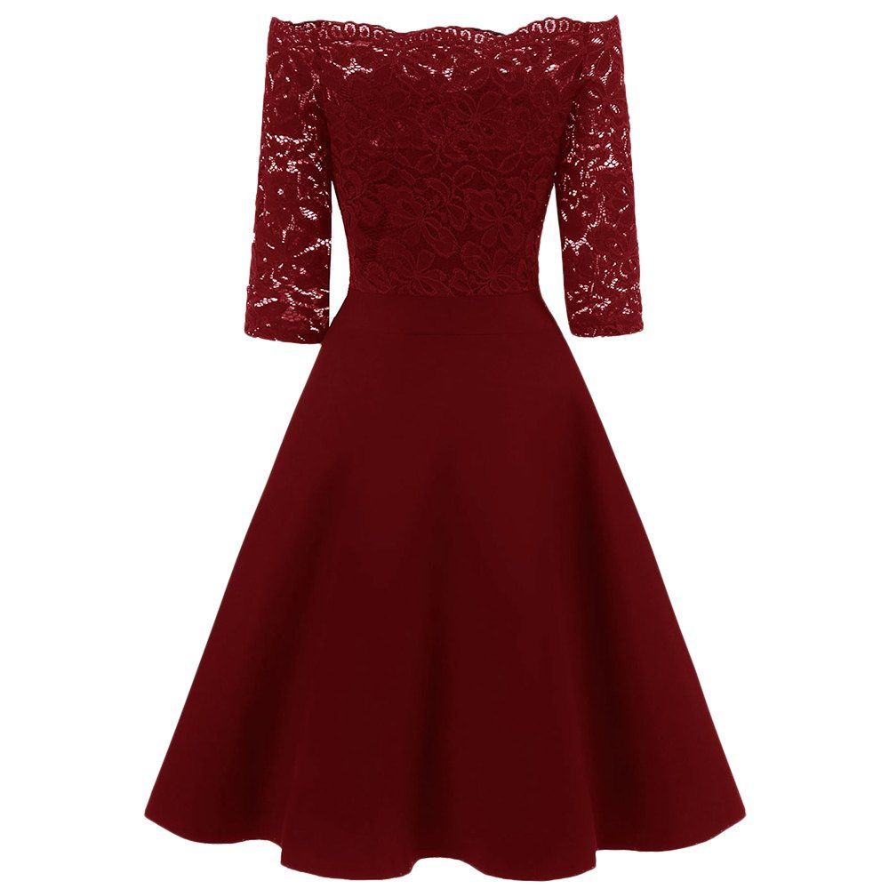 

Off Shoulder Scalloped Lace Panel Dress, Red wine