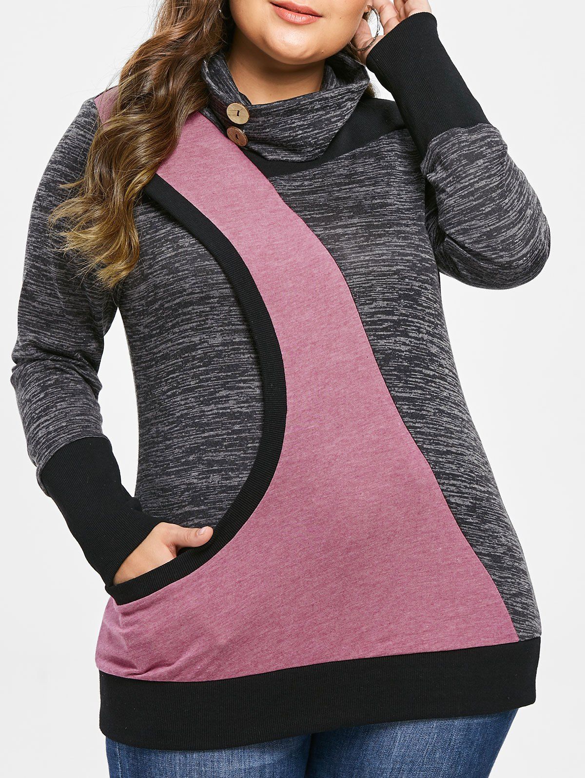 Plus Size Turtleneck Contrast Sweatshirt - multicolor L