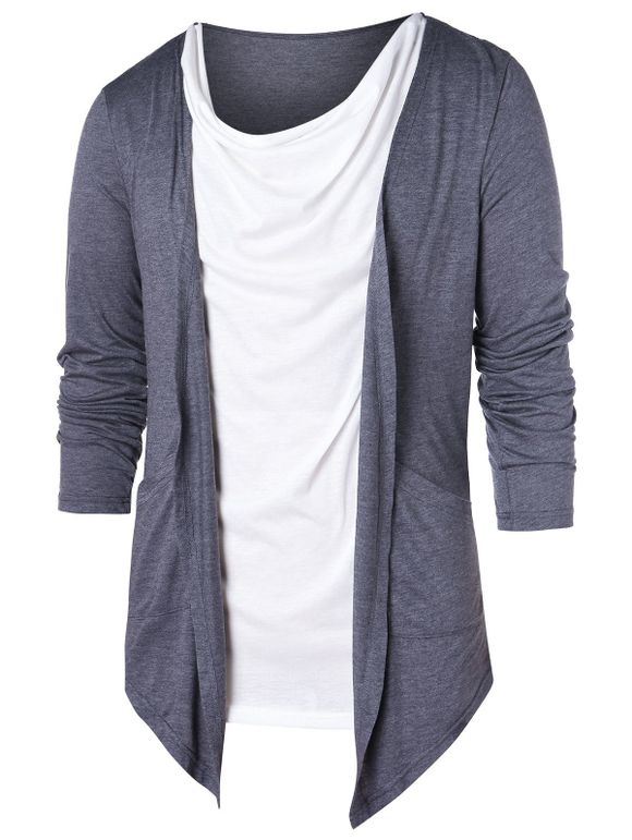 T-shirt en Couleur Contrastée avec Fausse Deux Pièces - Cendre gris 2XL