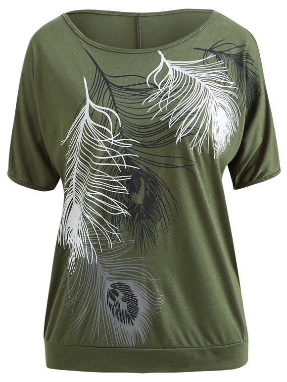 T-shirt Plume Imprimée à Epaule Dénudée à Manches Fendues - Vert XL