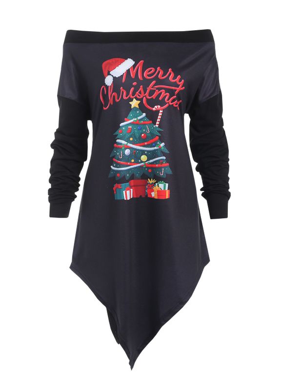T-shirt Asymétrique Sapin de Noël de Grande Taille à Epaule Dénudée - Noir 5X