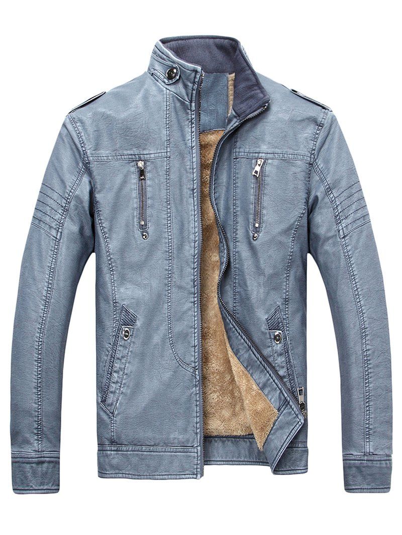 

Retro PU Leather Fluffy Lined Jacket, Blue gray