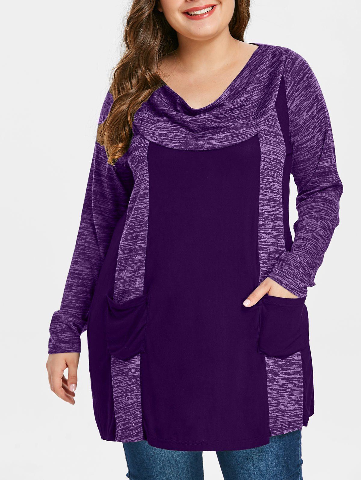 

Plus Size Double Pocket Contrast T-shirt, Purple iris