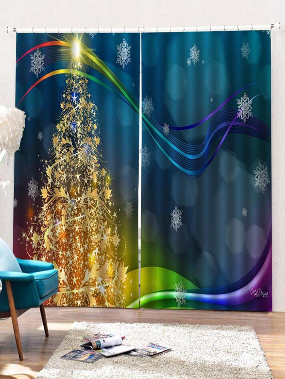 

2PCS Christmas Tree Snowflake Printed Window Curtains, Blue ivy