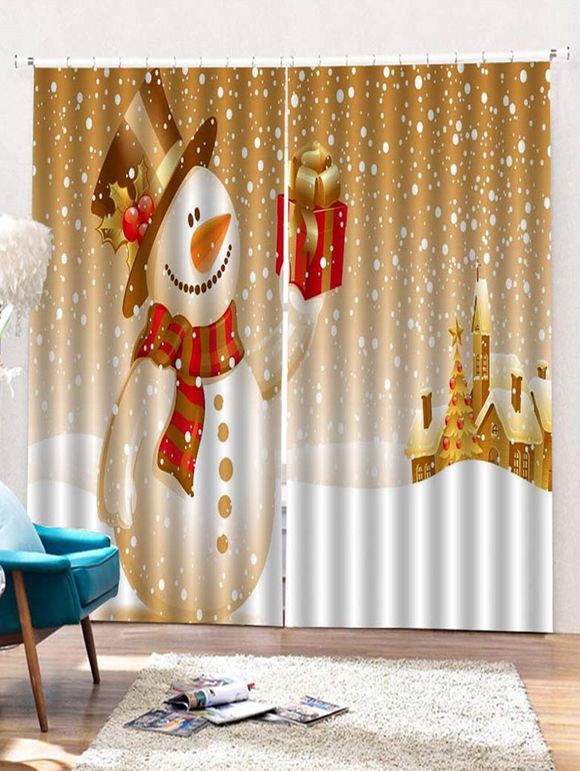 Rideaux de Fenêtre Cadeau et Bonhomme de Neige de Noël Imprimés 2 Pièces - Brun Doré W28 X L39 INCH X 2PCS