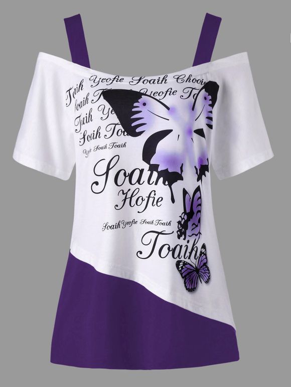 T-Shirt à Épaules Dénudées avec Imprimé Papillons Grande-Taille - Violet 5XL