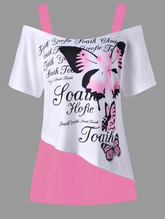 T-Shirt à Épaules Dénudées avec Imprimé Papillons Grande-Taille - Rose clair 5XL