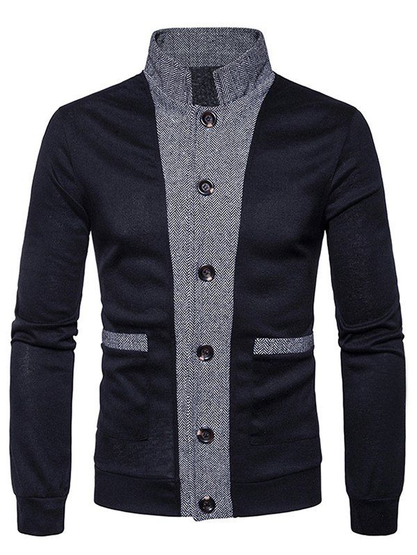

Button Up Stand Collar Panel Cardigan, Black