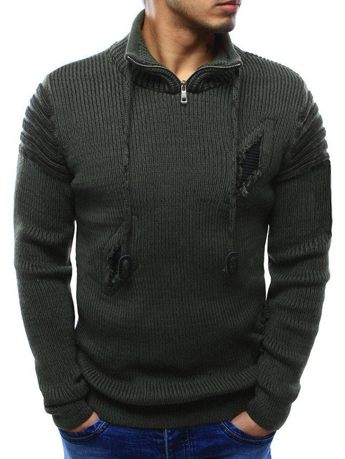 

Zipper Stand Collar Ripped Sweater, Army green