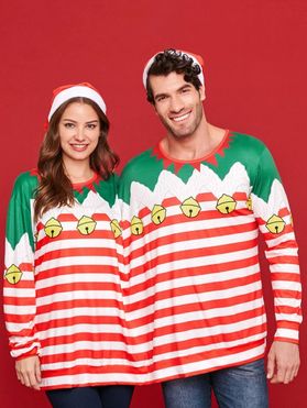 Two Person Long Sleeve Christmas Stripe T-shirt Pajamas
