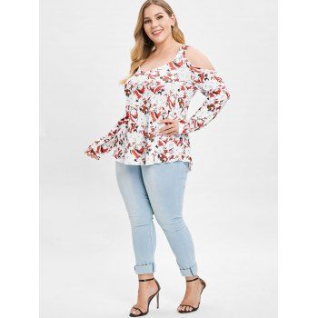 

Christmas Plus Size Cold Shoulder Santa Claus Print T-shirt, Red