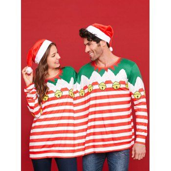 

Two Person Long Sleeve Christmas Stripe T-shirt Pajamas, Multicolor
