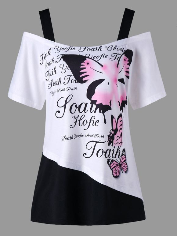 T-Shirt à Épaules Dénudées avec Imprimé Papillons Grande-Taille - Blanc et Noir 5XL