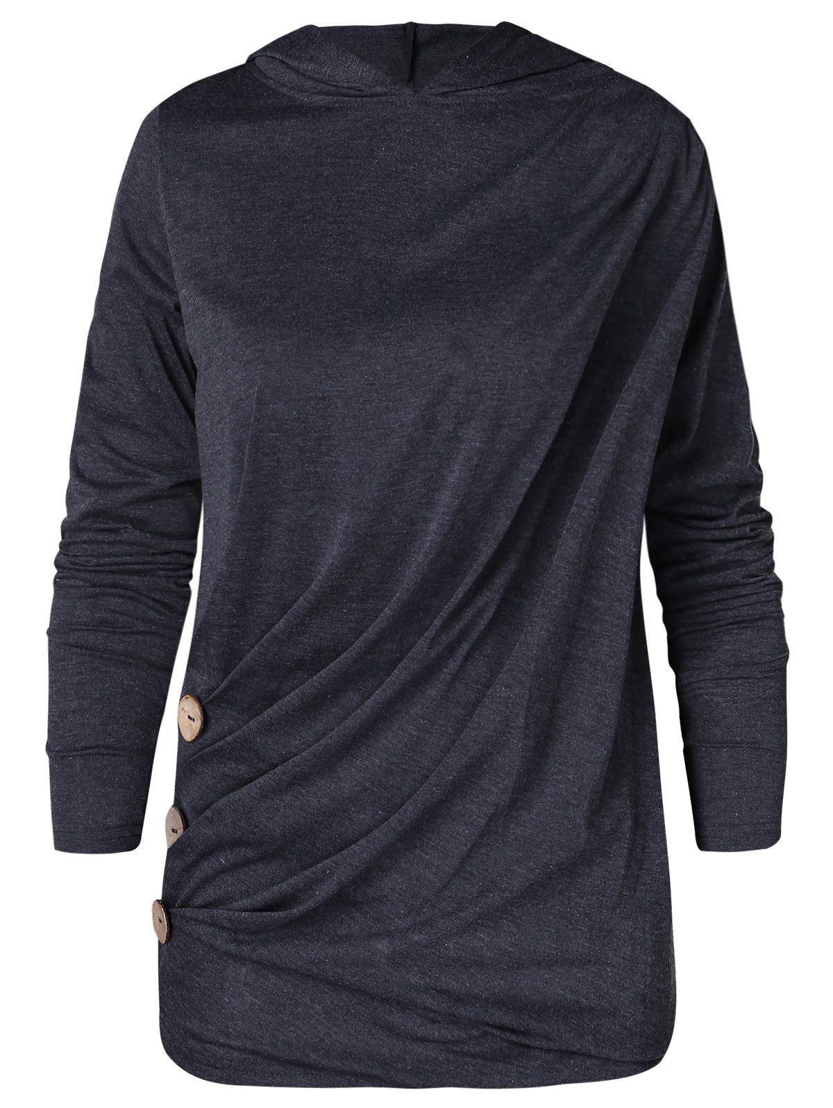 

Buttoned Side Long Sleeve Hooded T-shirt, Carbon gray