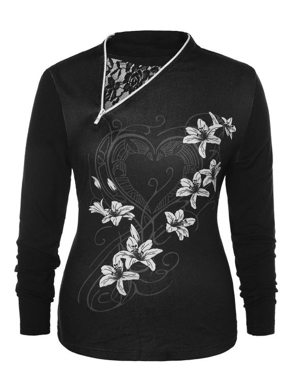 T-shirt Zippé Floral Imprimé de Grande Taille - Noir L