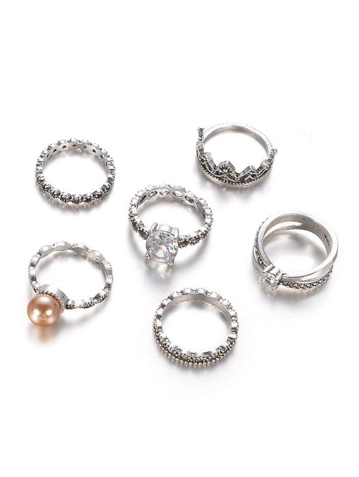 

Crown Pattern and Round Rhinestone Rings Set, Silver