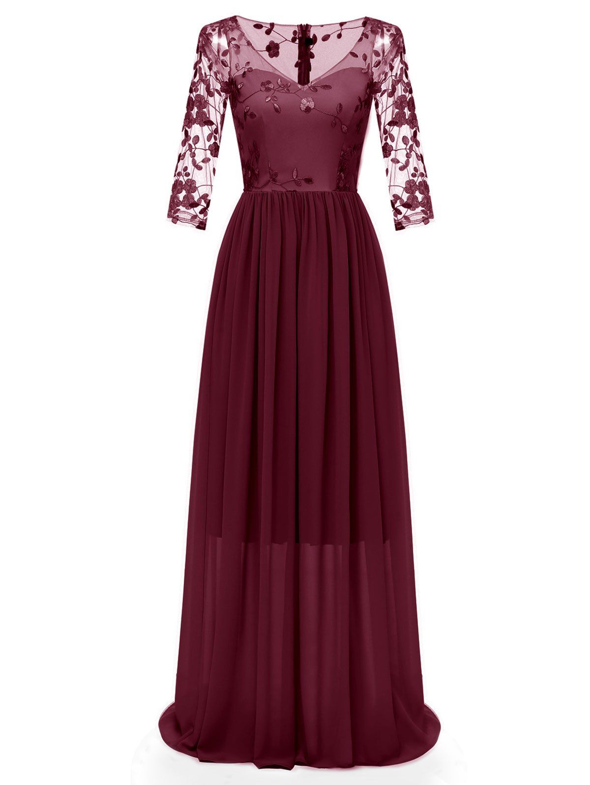 

Embroidered Tulle Panel Prom Dress, Red wine