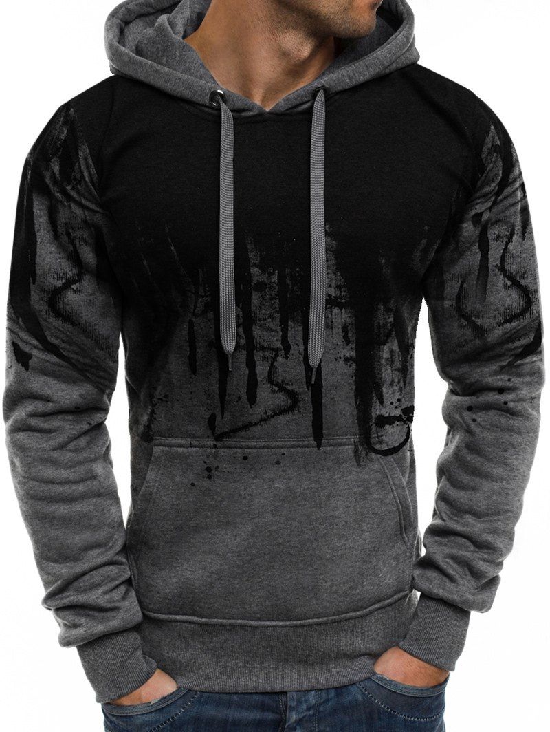 

Ink Print Pouch Pocket Pullover Fleece Hoodie, Gray