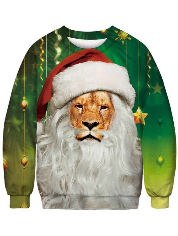 Sweat-shirt ras du cou à motif de lion de Noël - Vert Noisette 2XL