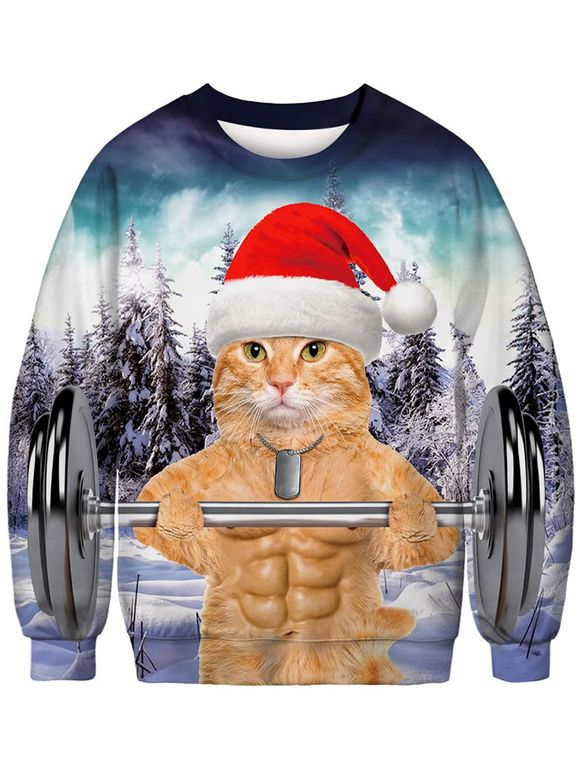 Sweat-shirt ras du cou imprimé chat de Noël 3D - multicolor XL