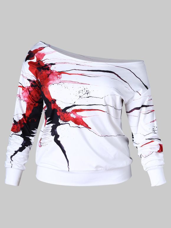 Sweat-shirt Peinture Eclaboussée de Grande Taille à Col Oblique - Blanc L