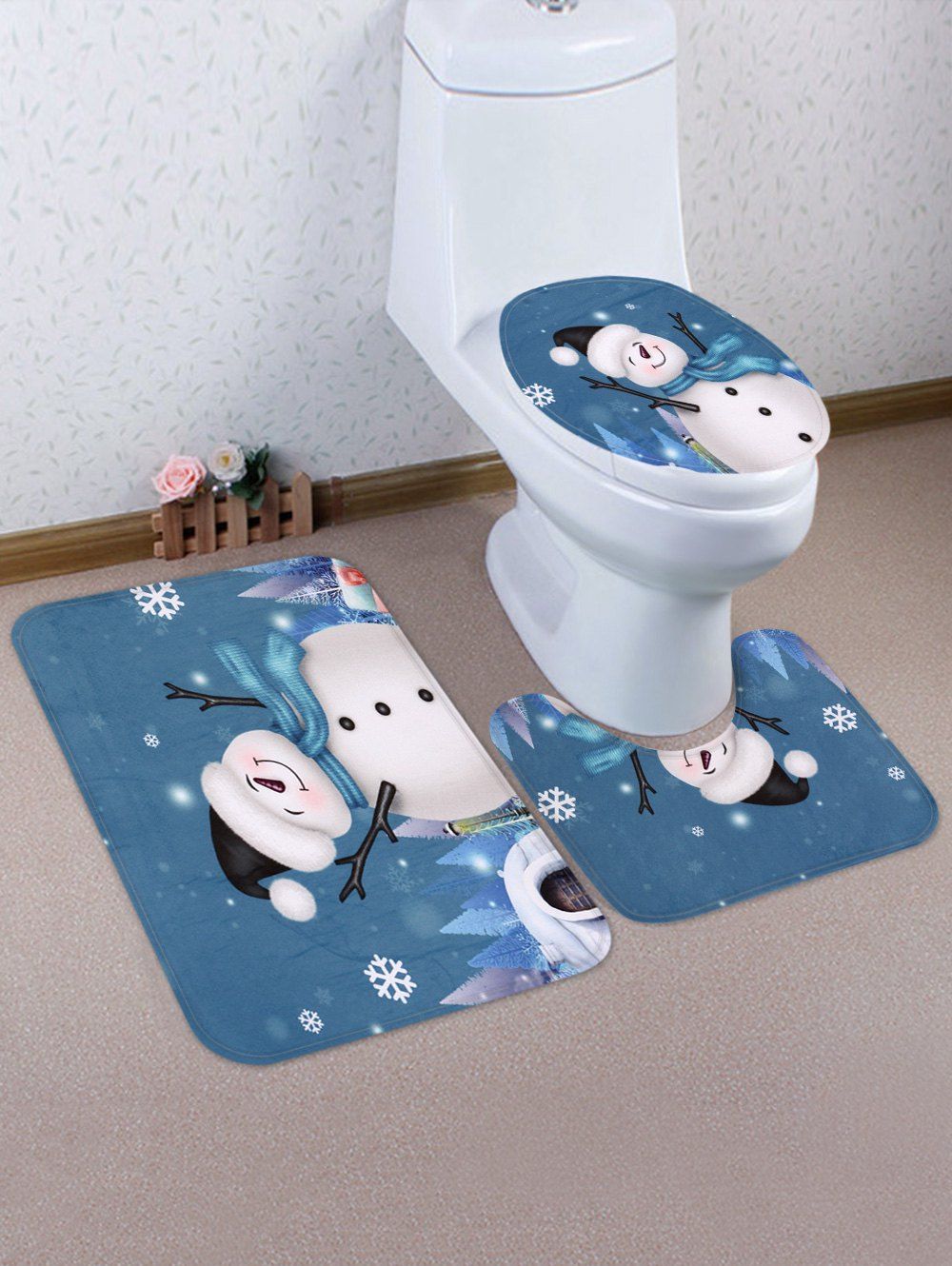 

Christmas Snowman House Pattern 3 Pcs Toilet Mat Set, Blue koi