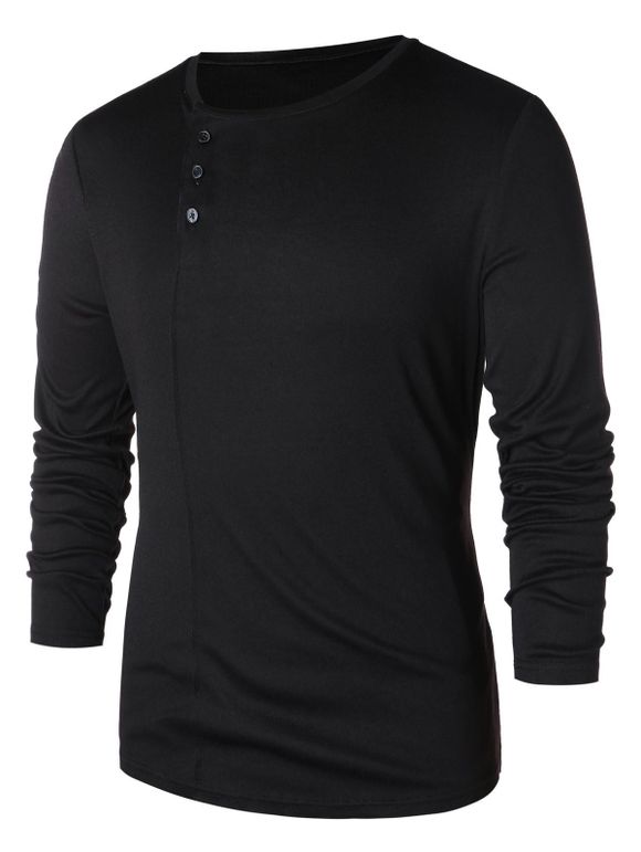 T-shirt Asymétrique Demi-Bouton à Manches Longues - Noir XL
