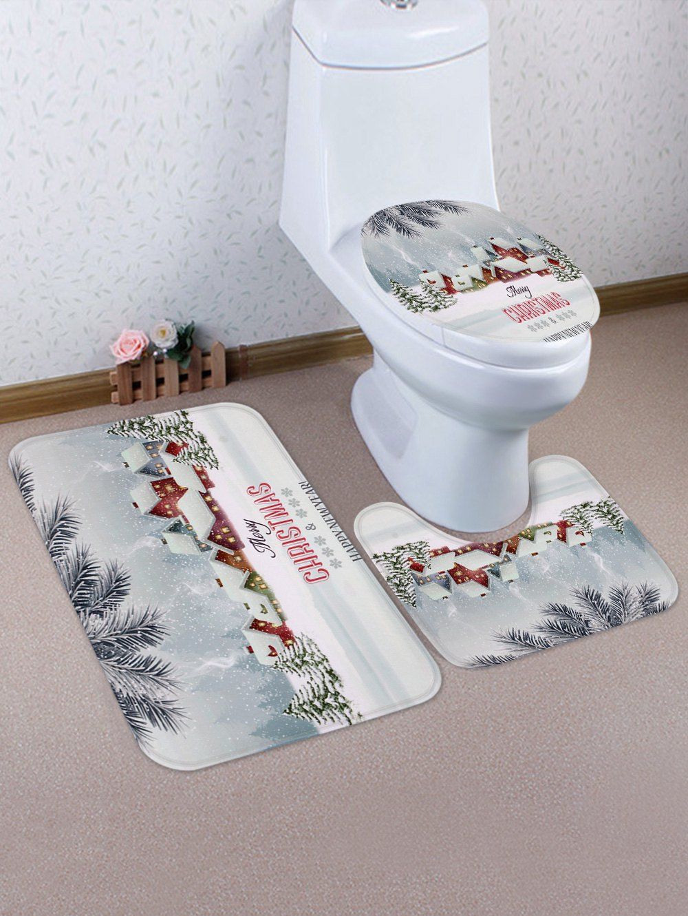 

Christmas Village Pattern 3 Pcs Toilet Mat Set, White