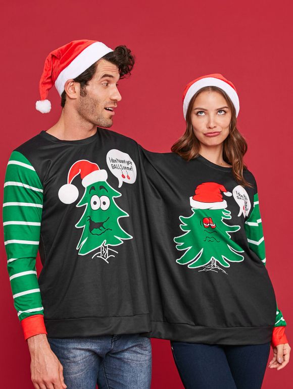 Christmas Tree Print Two Person Sweatshirt Pajamas - BLACK M