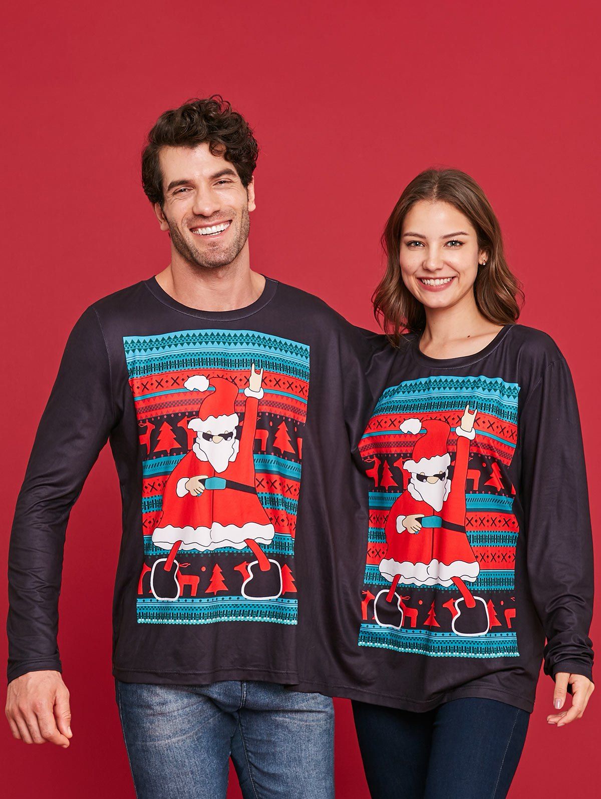 T-shirt Père Noël à Manches Longues pour Deux Personnes - Noir XL