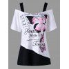 T-Shirt à Épaules Dénudées avec Imprimé Papillons Grande-Taille - Blanc et Noir 2XL