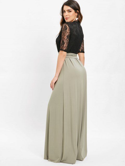 contrast lace panel high slit long dress - hazel green m