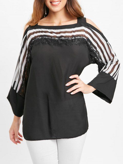 Lace Insert Striped Blouse