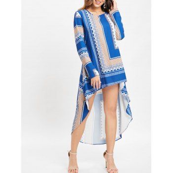 

Tribal Print High Low Long Sleeve Dress, Dodger blue