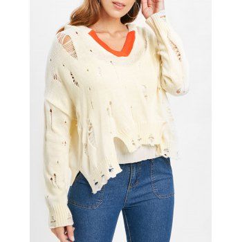 

Asymmetrical Ripped Hooded Sweater, Warm white