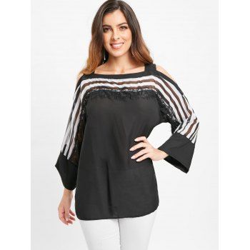 

Lace Insert Striped Blouse, Black