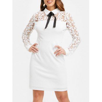 

Flat Collar Lace Panel Long Sleeve Dress, White